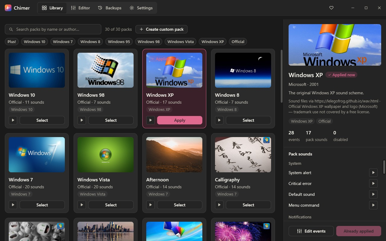 Chimer affichant une bibliothèque de packs de sons Windows et le bouton Appliquer